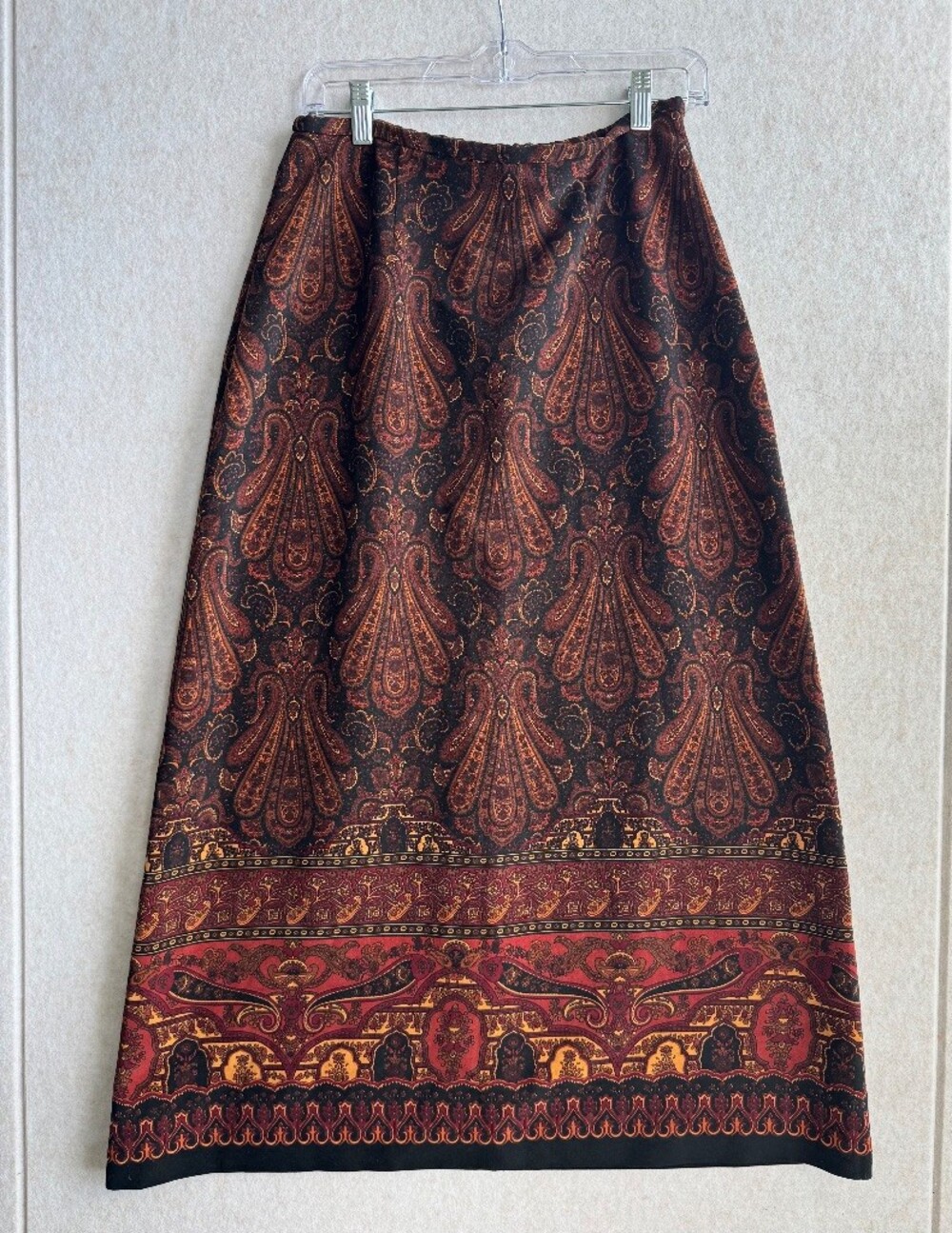 Women’s Size 10 Paisley Maxi Skirt Brown Rust Ornate Border Print Boho Y2K